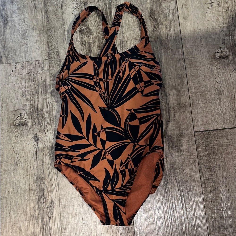 All in Motion Women's One Piece Swimsuit - Black and Brown Leaf Pattern